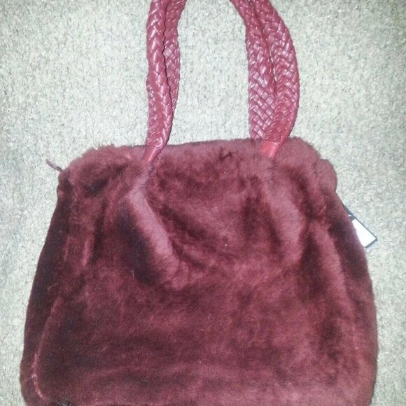 Large FALOR-FALORNI Shearling Tote-Genuine Leather With Lamb Fur. Burgundy. NWT - Picture 3 of 8